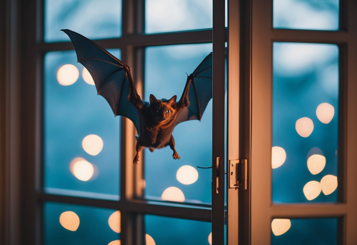 A bat flying out of an open window in a dimly lit room