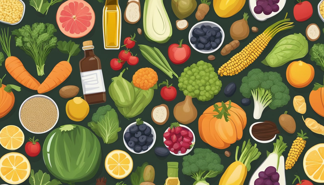 A colorful array of low-glycemic foods, including vegetables, fruits, and whole grains, with a bottle of olive oil as a healthier alternative