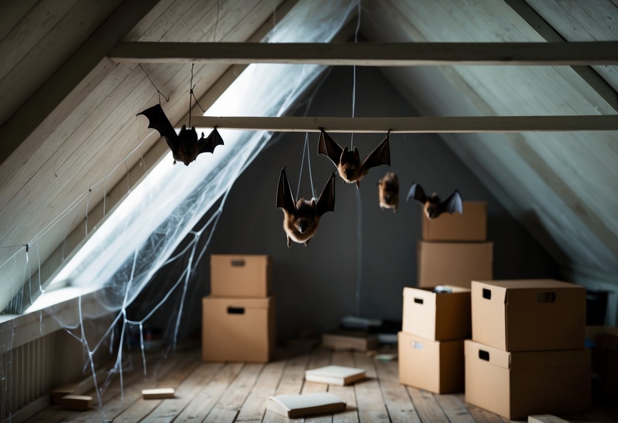 A dimly lit attic with hanging cobwebs and scattered boxes. A family of bats roosts in the rafters, their wings outstretched as they sleep