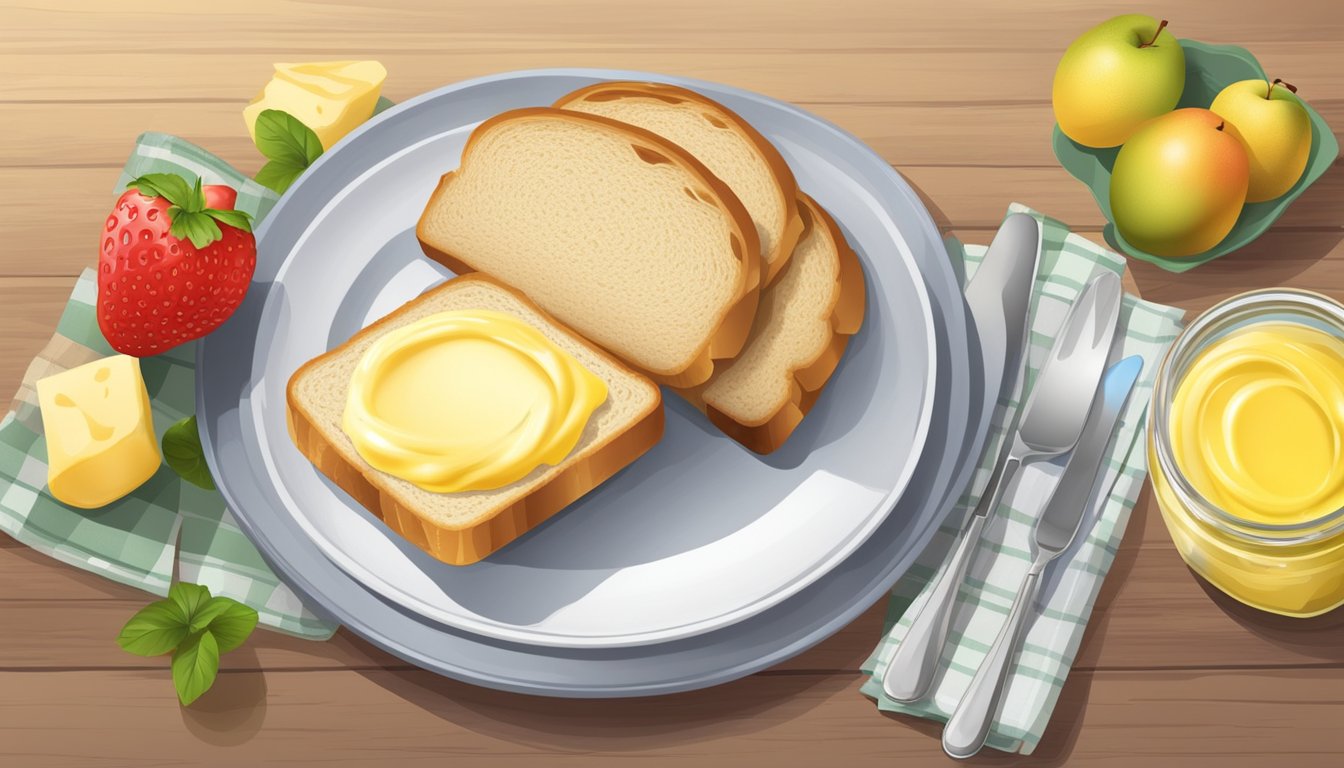 A table set with a slice of bread spread with margarine, a jar of margarine, and a plate of fresh fruits