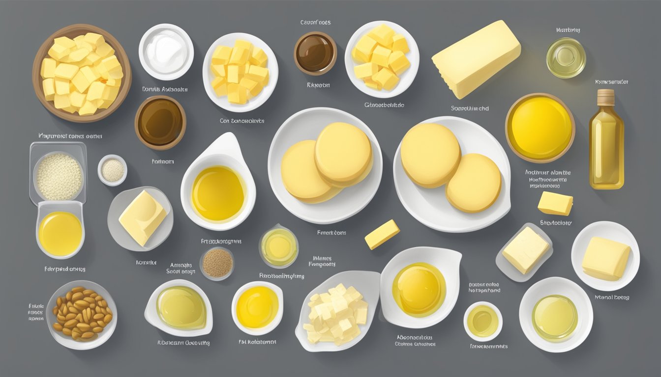 A spread of various fats and oils, including margarine, arranged on a table with their respective glycemic index values displayed next to them