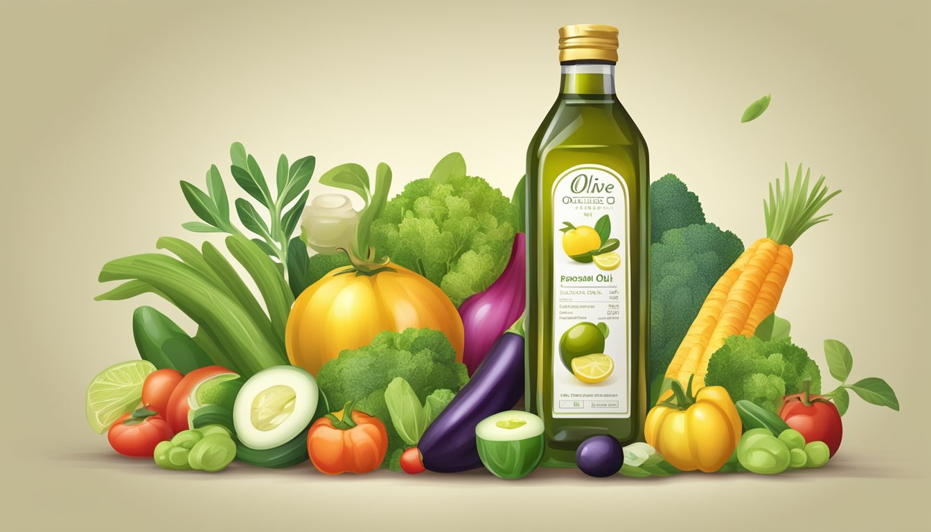 A bottle of olive oil surrounded by a variety of fresh, colorful vegetables and fruits, with a focus on the nutritional information label