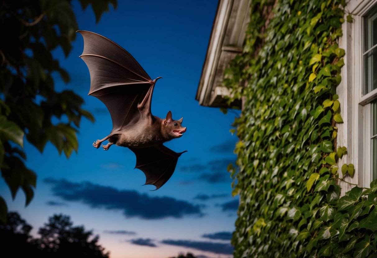 A bat flying into an old, ivy-covered house at dusk