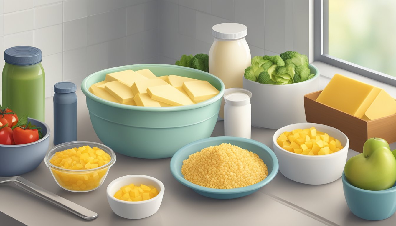 A tub of margarine next to a variety of low-glycemic index foods like whole grains, fruits, and vegetables on a kitchen counter