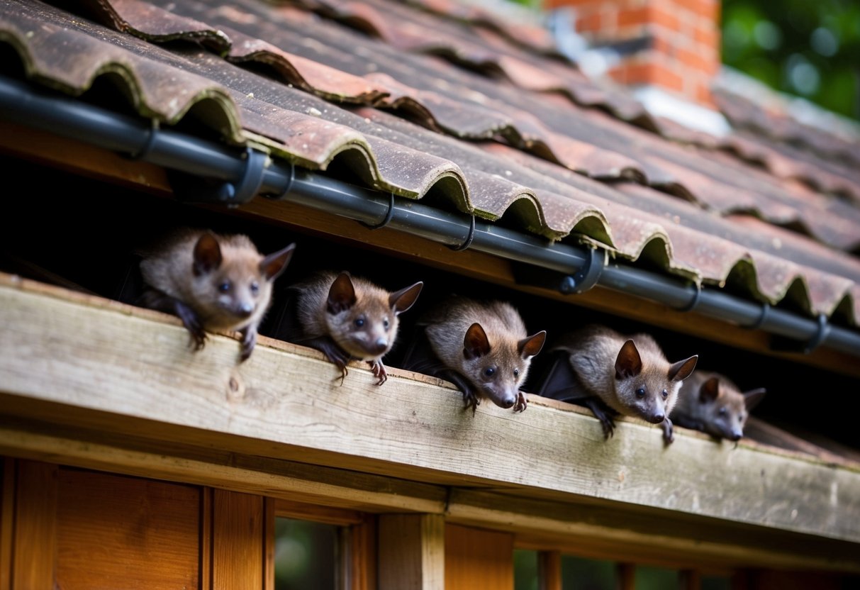 Bats roosting in the eaves of a traditional British house, nestled among the timbers and peeking out from under the roof tiles