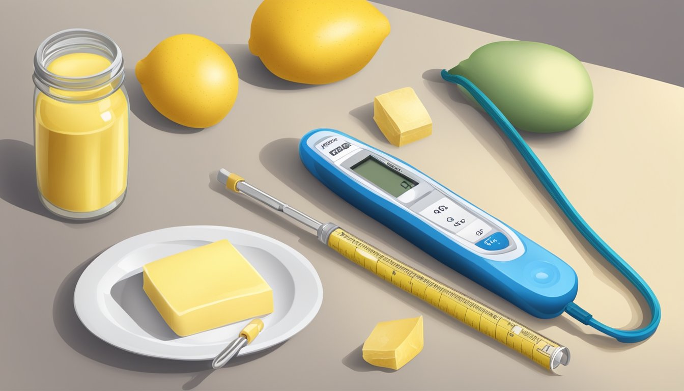 A stick of margarine and a blood glucose meter on a kitchen counter