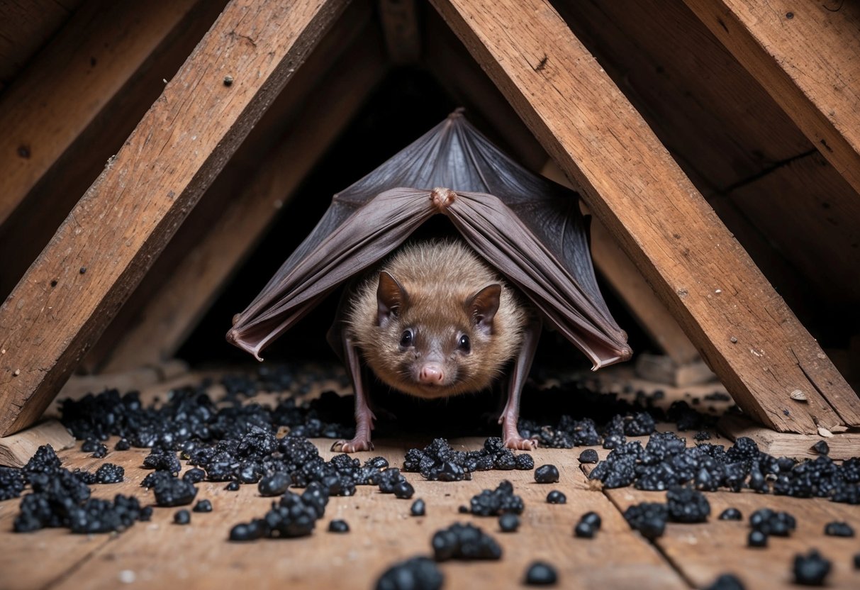 A bat roosts in a cozy attic of a traditional English house, nestled among old wooden beams and surrounded by scattered droppings