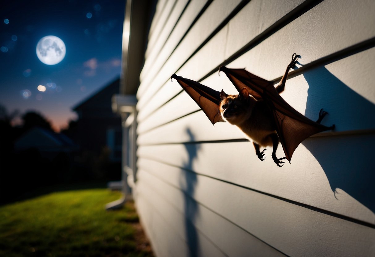 A bat hovers near a moonlit house, casting a shadow on the wall