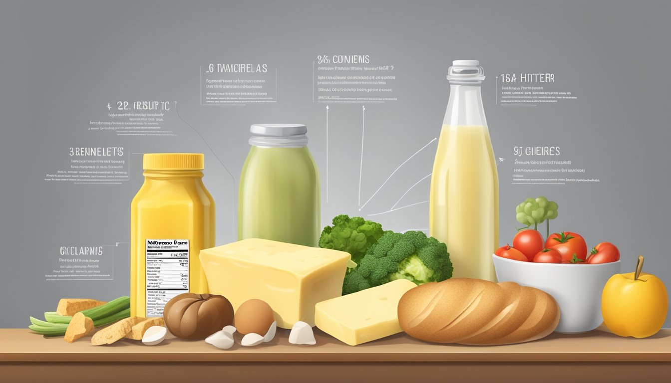 A stick of butter surrounded by various food items such as bread, vegetables, and fruits, with a nutrition label and glycemic index chart in the background