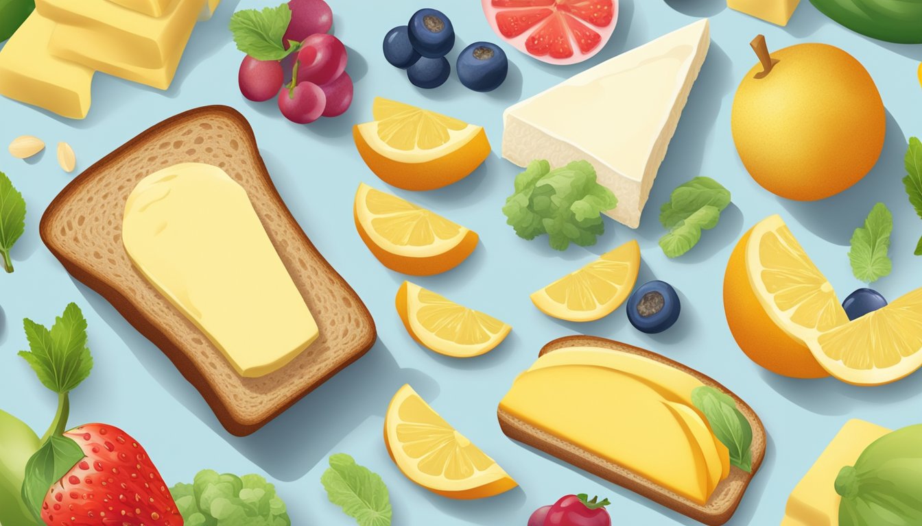 A spread of margarine being used on a slice of bread, with a variety of fruits and vegetables arranged around it