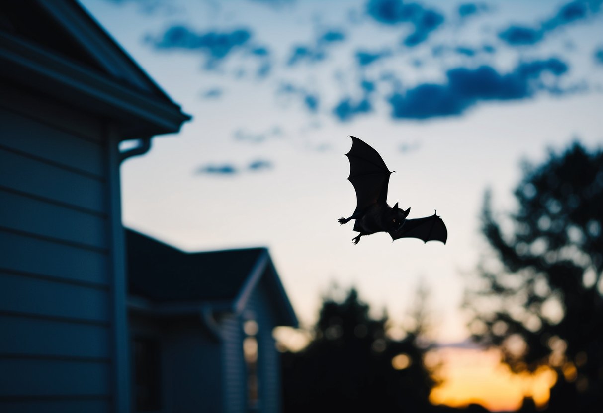 A bat flying near a house at dusk, with silhouettes of trees in the background