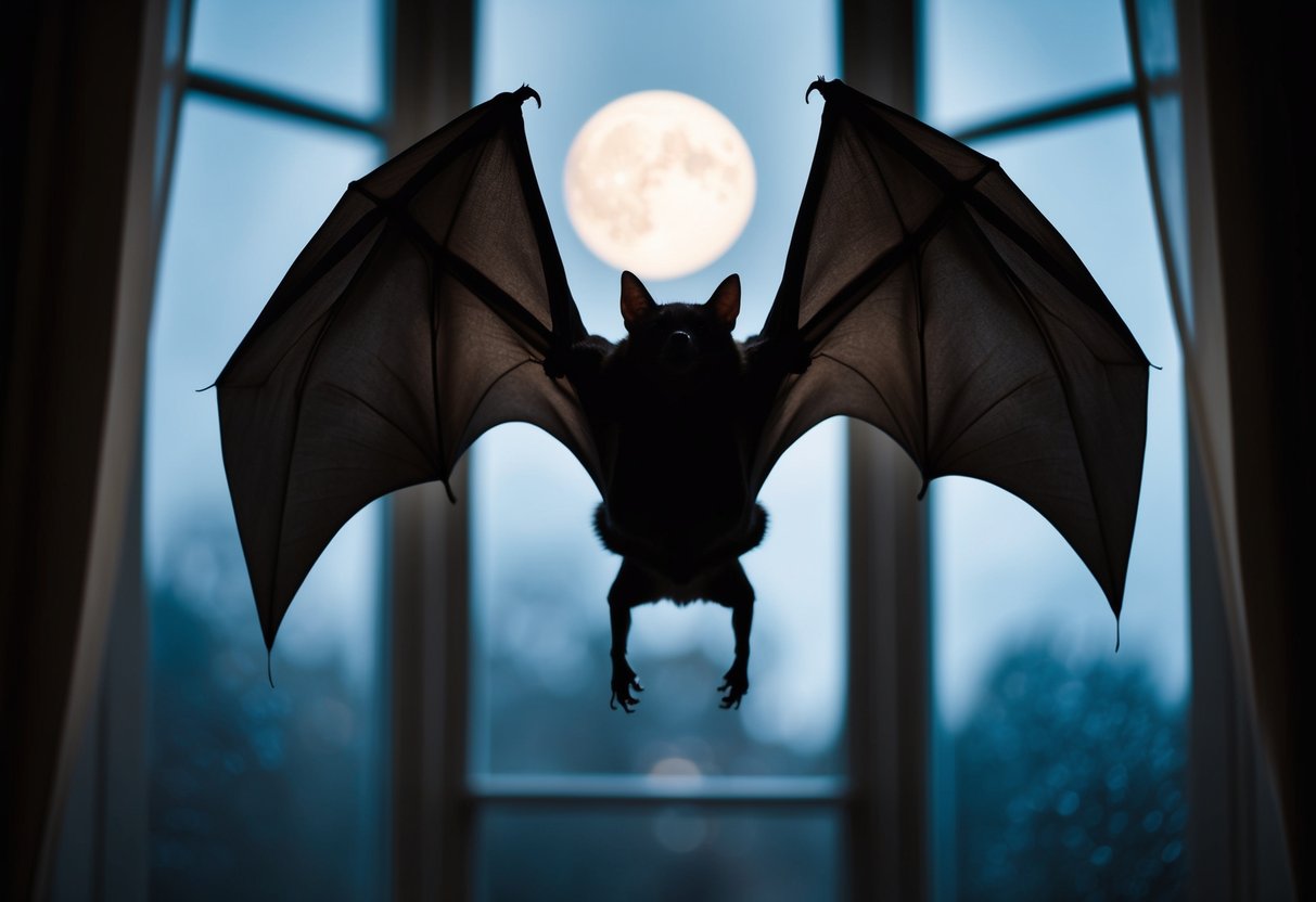 A bat hangs upside down in a dimly lit room, surrounded by shadows and the faint glow of moonlight filtering through the window