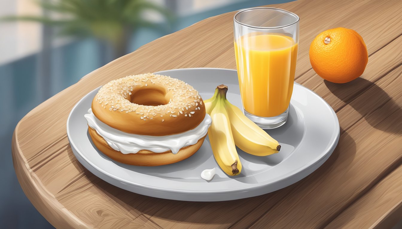 A plate with a bagel topped with cream cheese, a banana, and a glass of orange juice on a wooden table