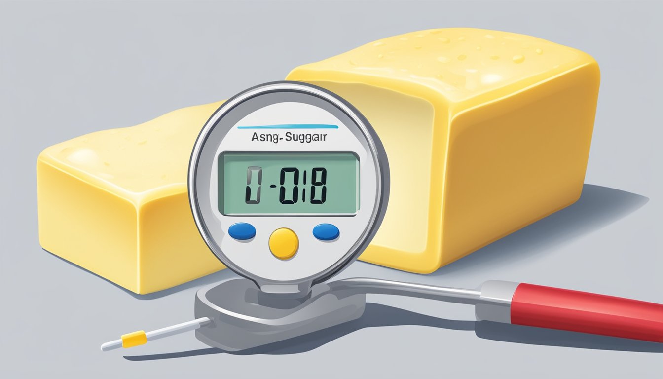 A stick of butter next to a blood sugar meter showing a spike