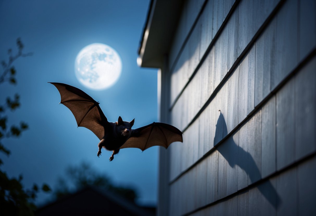 A bat swoops near a moonlit house, casting a shadow on the wall