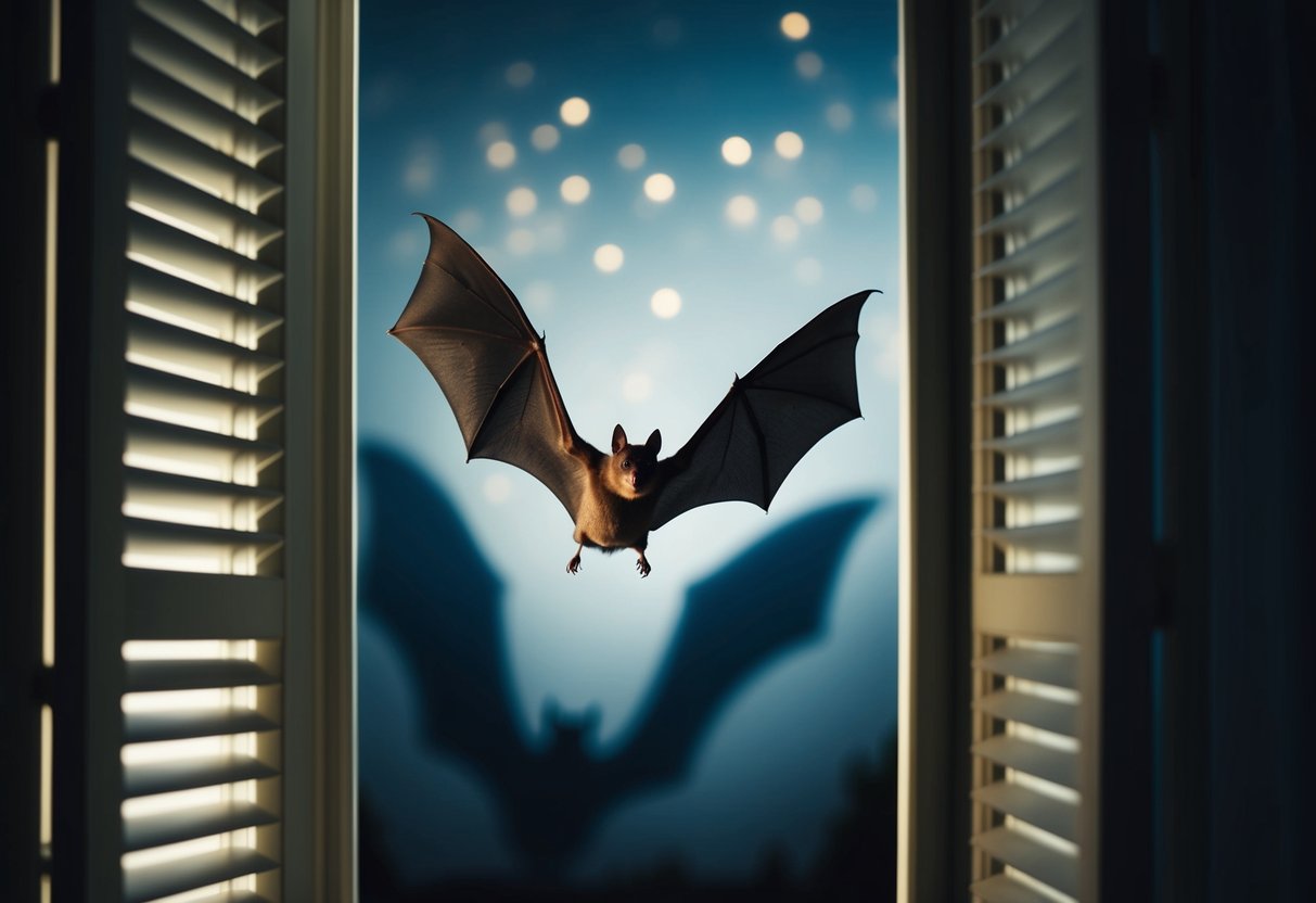 A bat flutters through an open window, circling the dimly lit room, casting eerie shadows on the walls