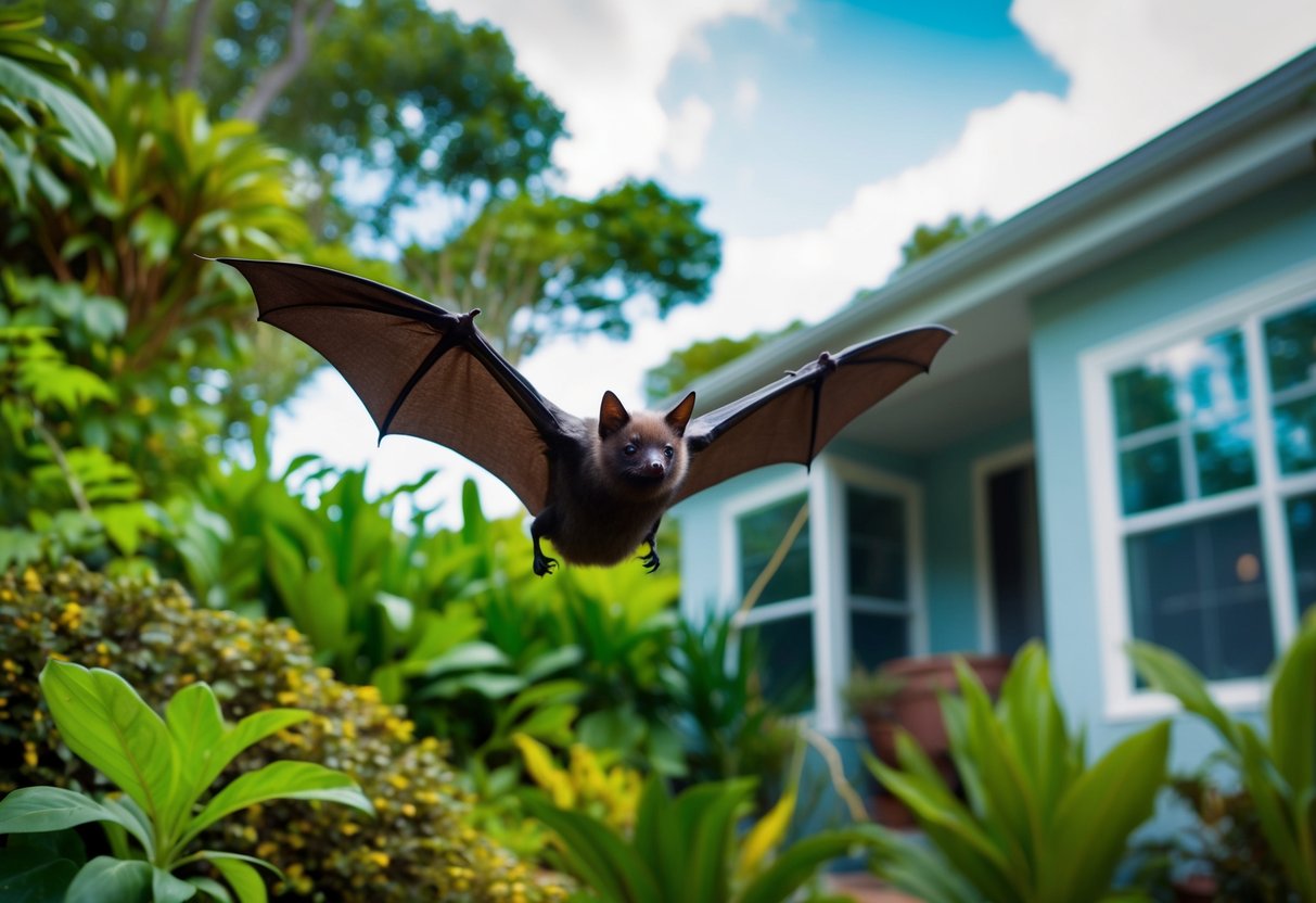 A bat hovers near a house, surrounded by lush vegetation and diverse wildlife, symbolizing its ecological impact and the importance of conservation efforts