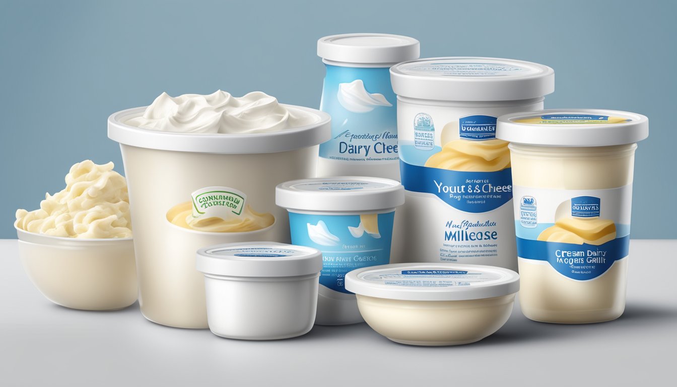 A spread of dairy products including cream cheese, yogurt, and milk, with a focus on the cream cheese packaging and nutritional information