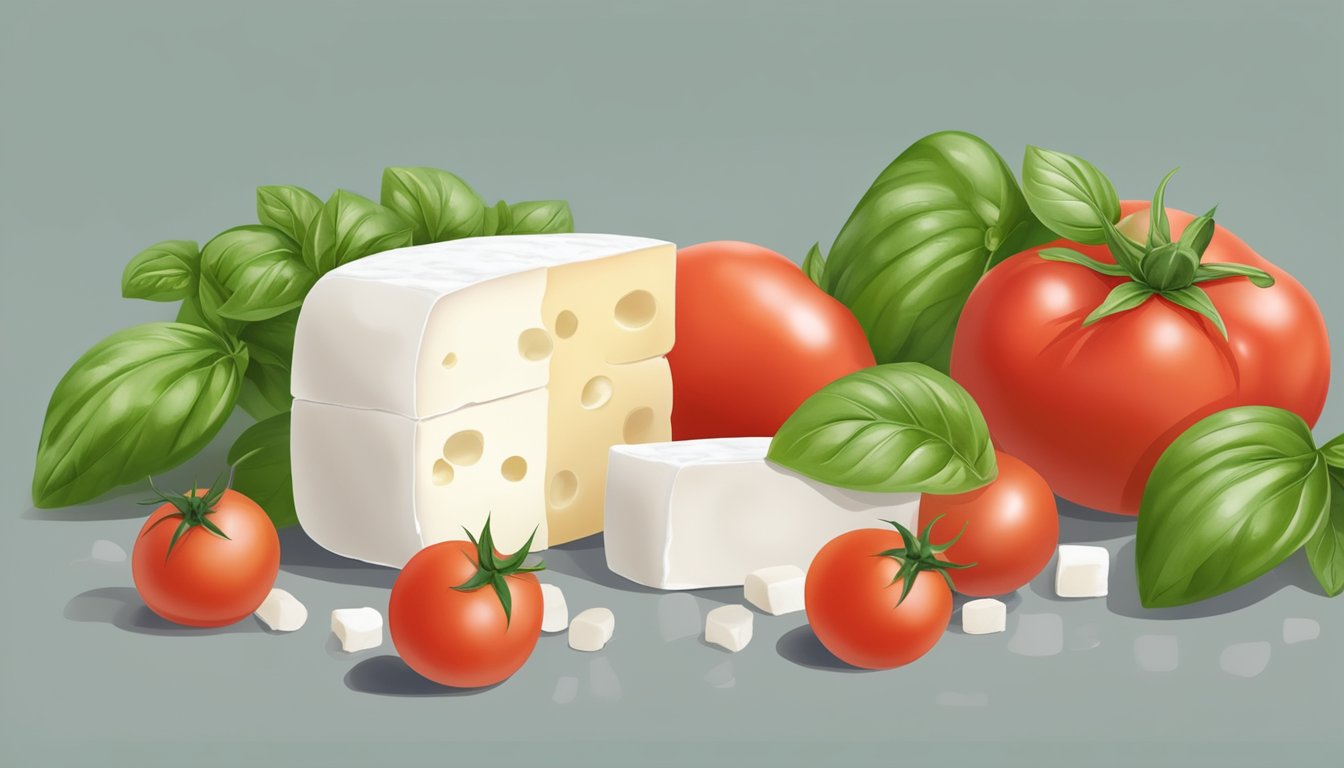 A block of mozzarella cheese surrounded by tomatoes and basil leaves, with a glycemic index chart in the background