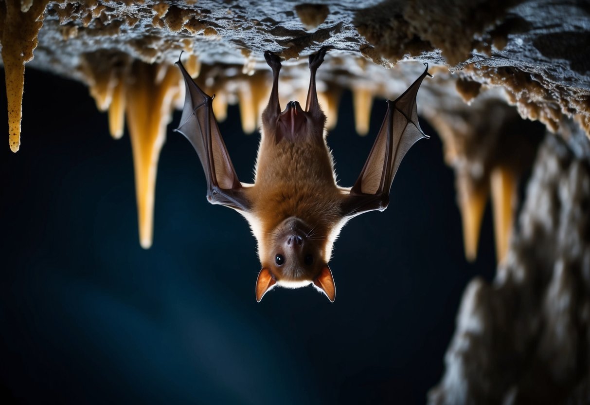 A bat (Myotis lucifugus) hangs upside down in a dark cave, surrounded by stalactites and stalagmites
