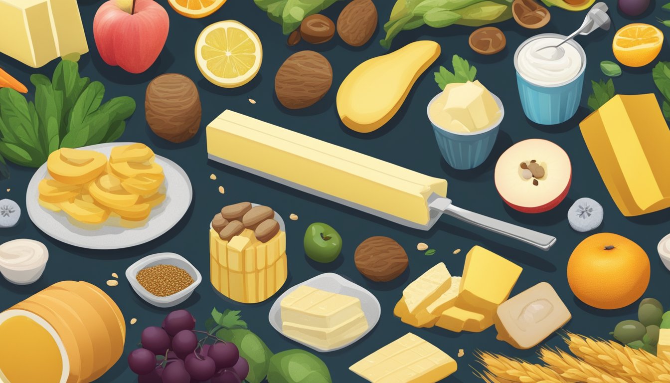 A stick of butter surrounded by various foods with different glycemic indexes, such as fruits, vegetables, and grains, with a focus on the nutritional aspects