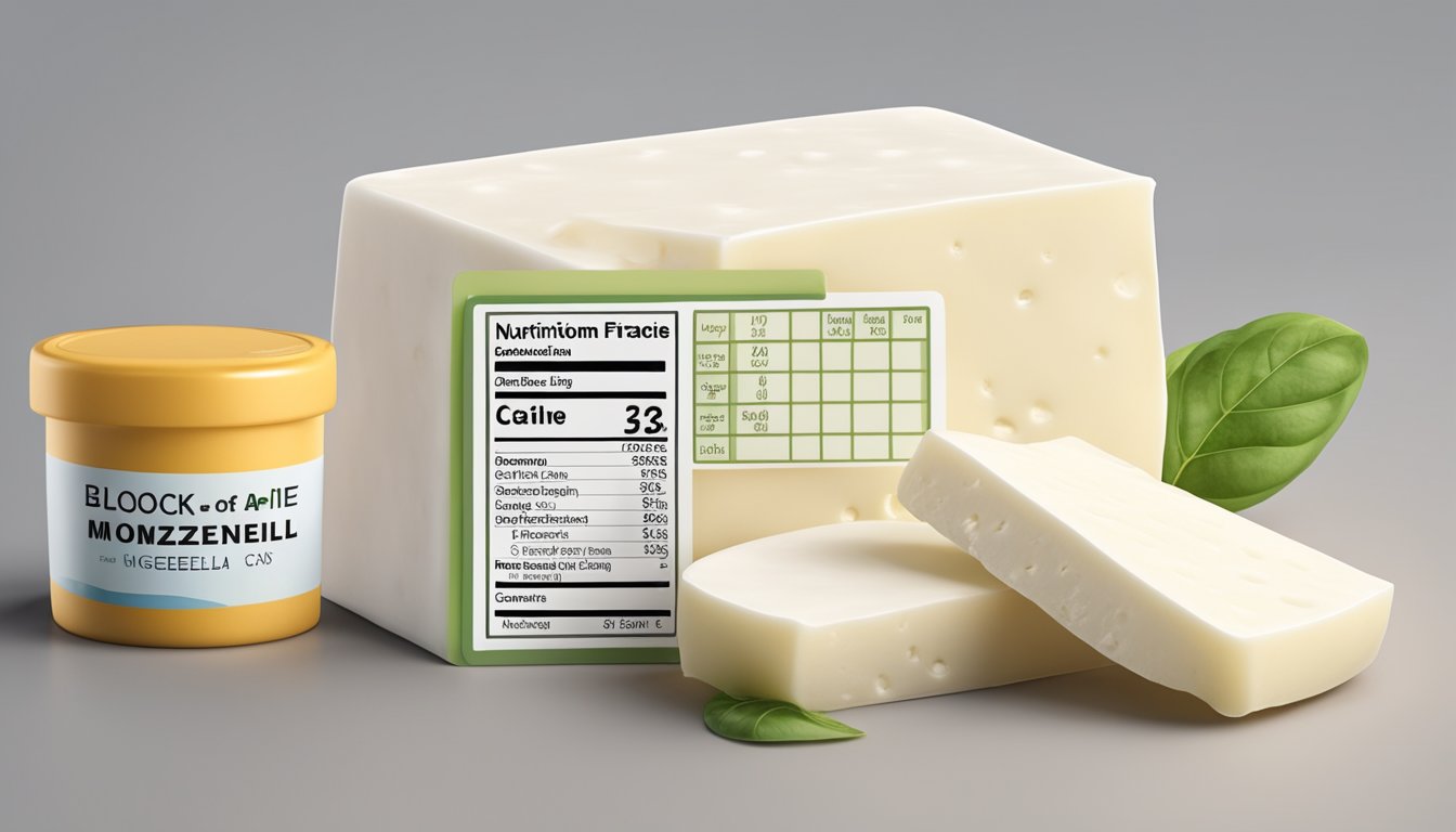 A block of mozzarella cheese with a nutritional label and a glycemic index chart displayed next to it