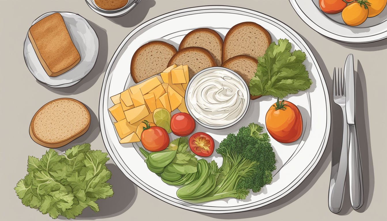 A plate with a variety of foods, including whole grain bread, vegetables, and a small portion of cream cheese, arranged according to dietary guidelines