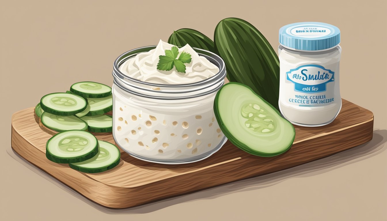 A jar of cream cheese sits next to a plate of whole grain crackers and sliced cucumber, all arranged on a wooden cutting board