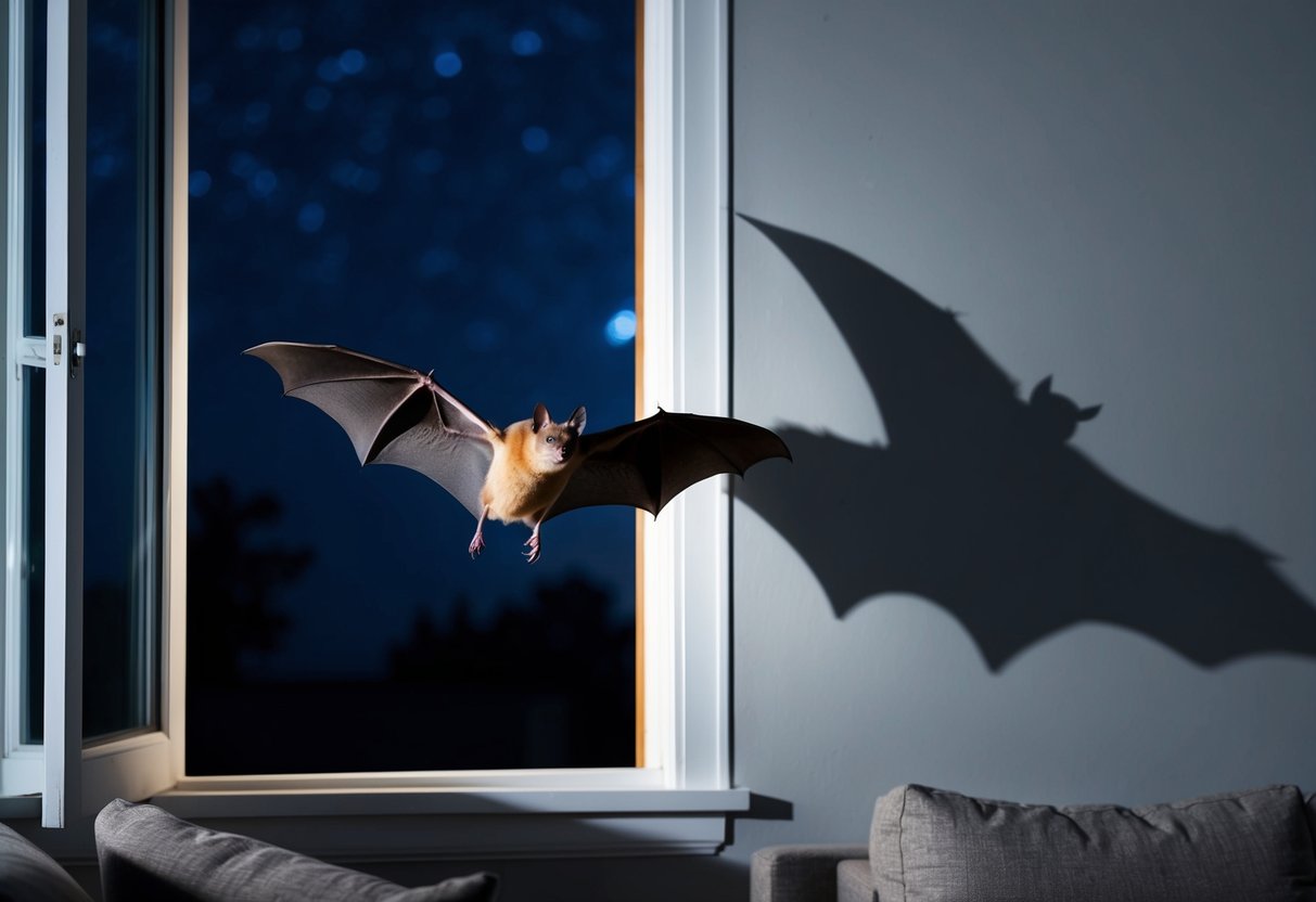 A bat flies through an open window into a dimly lit living room at night, casting a shadow on the wall as it swoops past furniture
