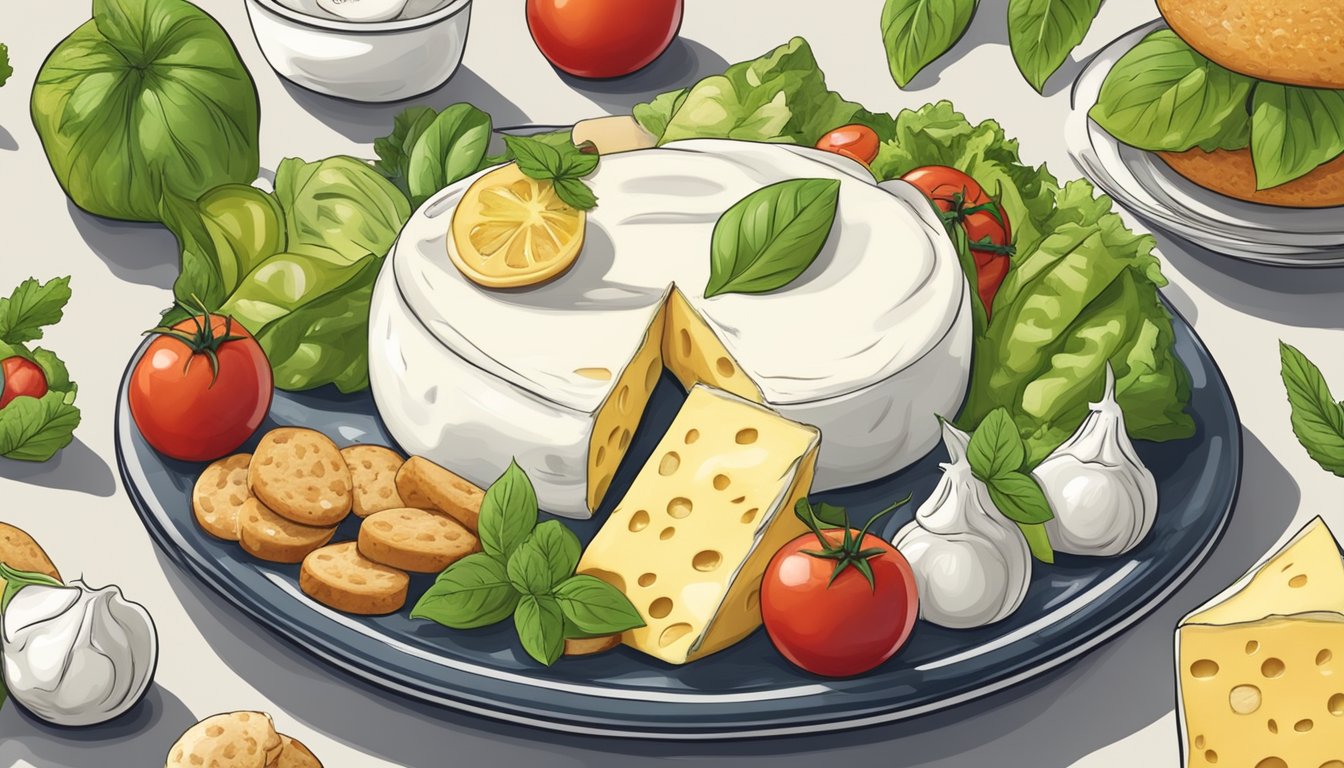 A plate with mozzarella cheese surrounded by various food items representing different diets