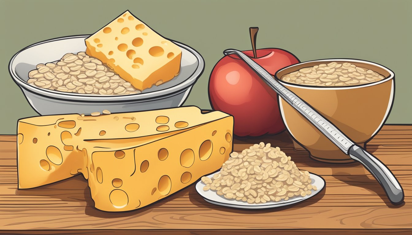 A block of cheddar cheese sits on a wooden cutting board next to a sliced apple and a bowl of oatmeal. A glycemic index chart is displayed in the background