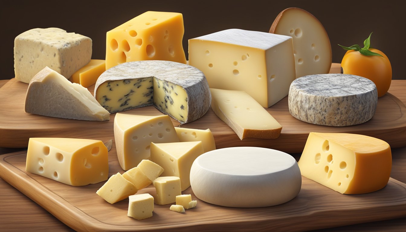 A variety of cheeses arranged on a wooden board, with a focus on the mozzarella cheese, surrounded by other cheeses of different colors and textures