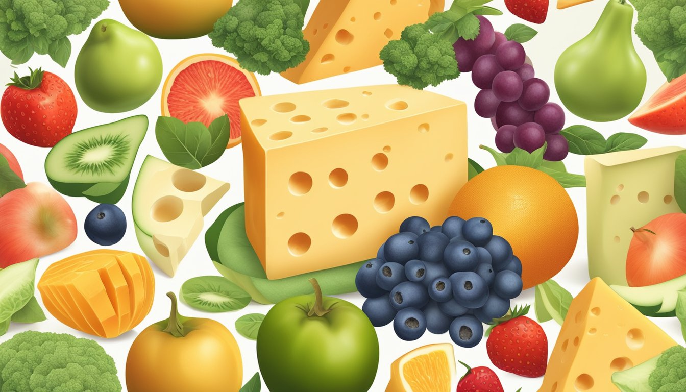 A block of cheddar cheese surrounded by a variety of colorful fruits and vegetables, with a nutrition label in the background