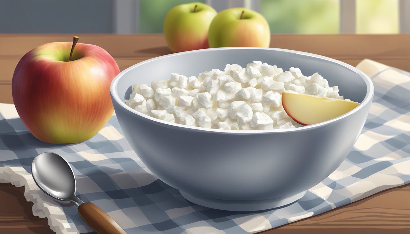 A bowl of cottage cheese next to a sliced apple and a spoon on a wooden table