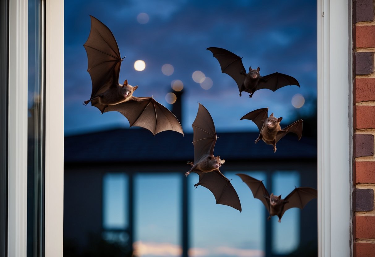 Bats flying out of an open window in a UK home at dusk
