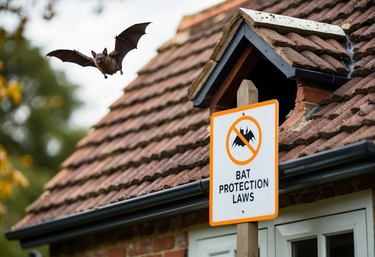 A bat flying out of a hole in the roof of a traditional UK home, with a sign nearby indicating bat protection laws