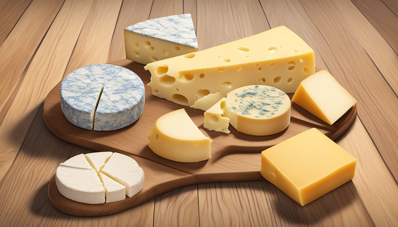 A variety of cheese wheels arranged on a wooden board, including gouda, brie, and blue cheese, with a glycemic index chart in the background