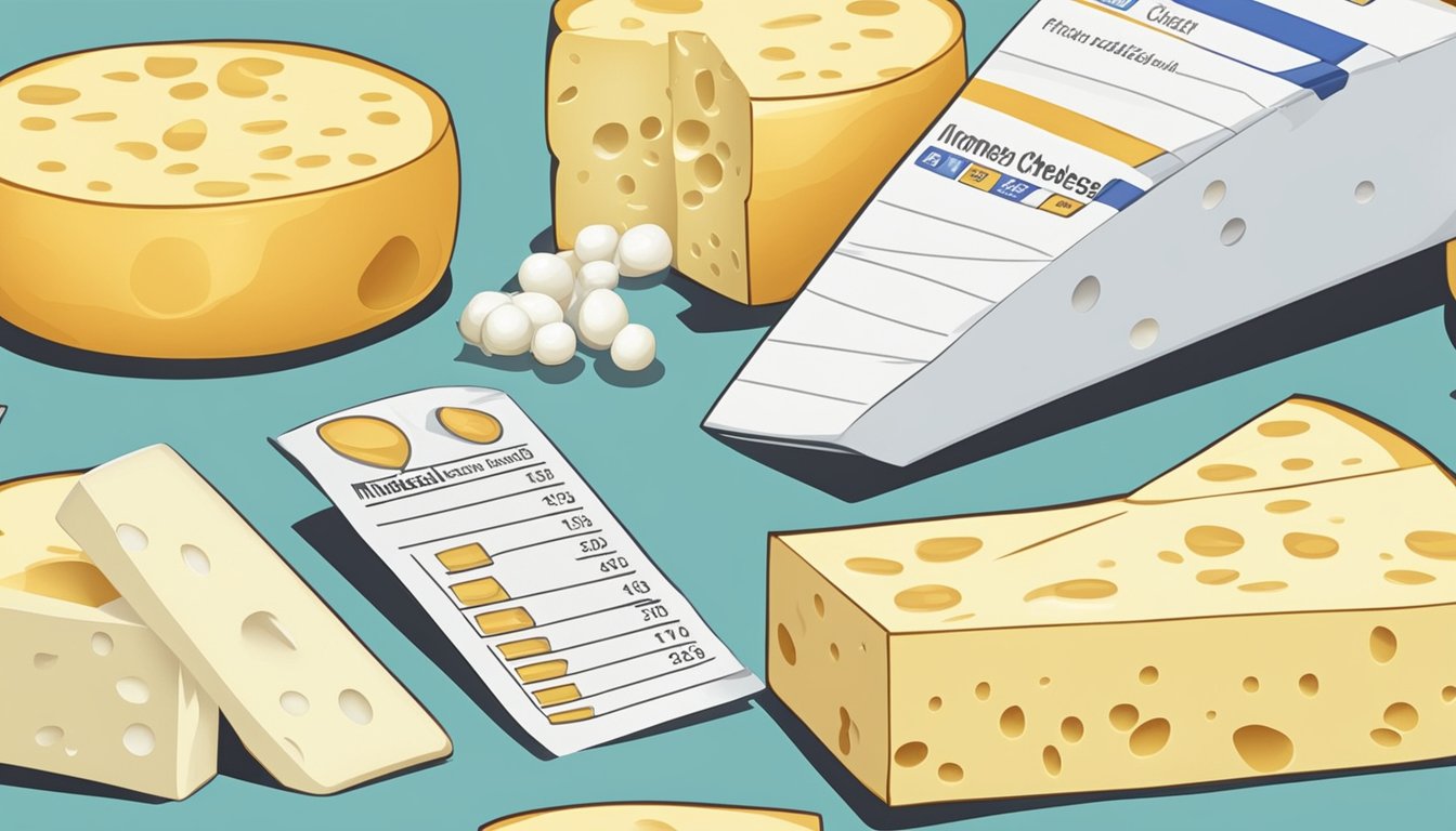 A block of mozzarella cheese sits next to a glycemic index chart, with caution signs scattered around