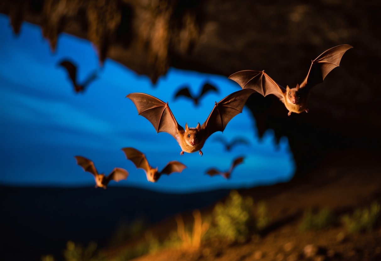 A group of bats flying out of a dark cave at night