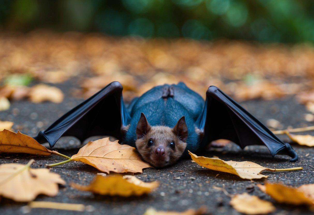 A dead bat lies on the ground, surrounded by fallen leaves and twigs