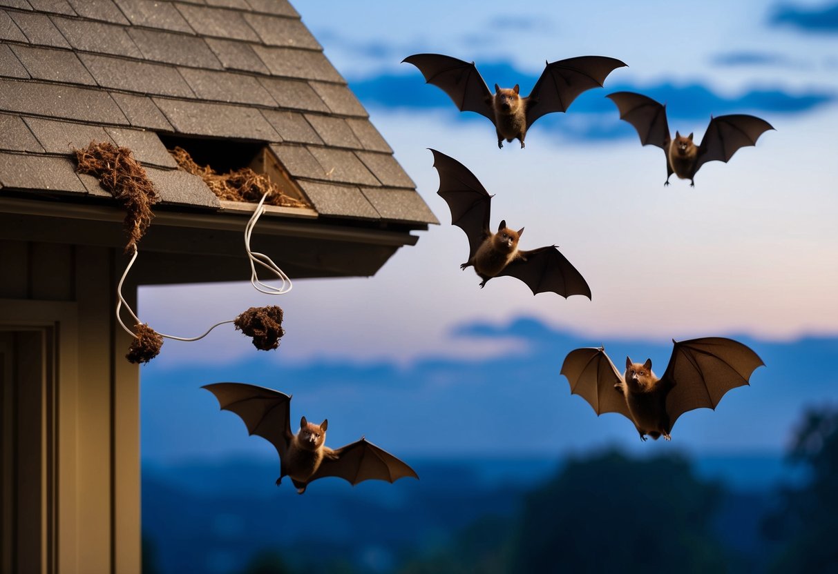 Bats flying out of attic at dusk, leaving guano and chewed wires