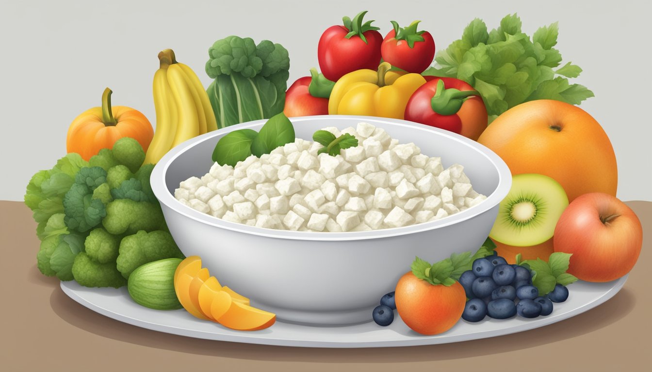 A bowl of cottage cheese surrounded by a variety of fruits and vegetables, with a nutrition label in the background