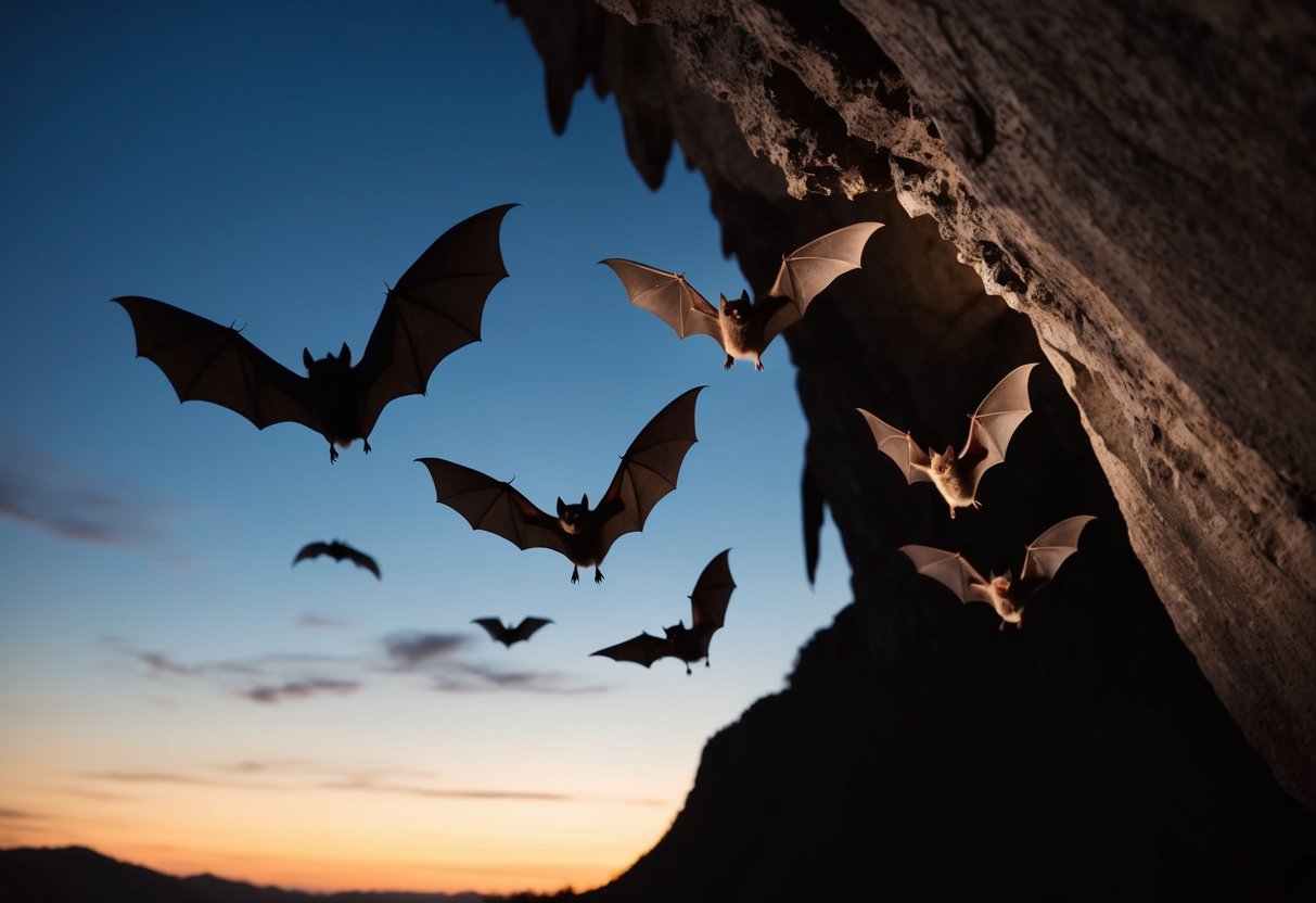 A group of bats flying out of a cave at dusk, their wings spread wide as they navigate through the darkening sky