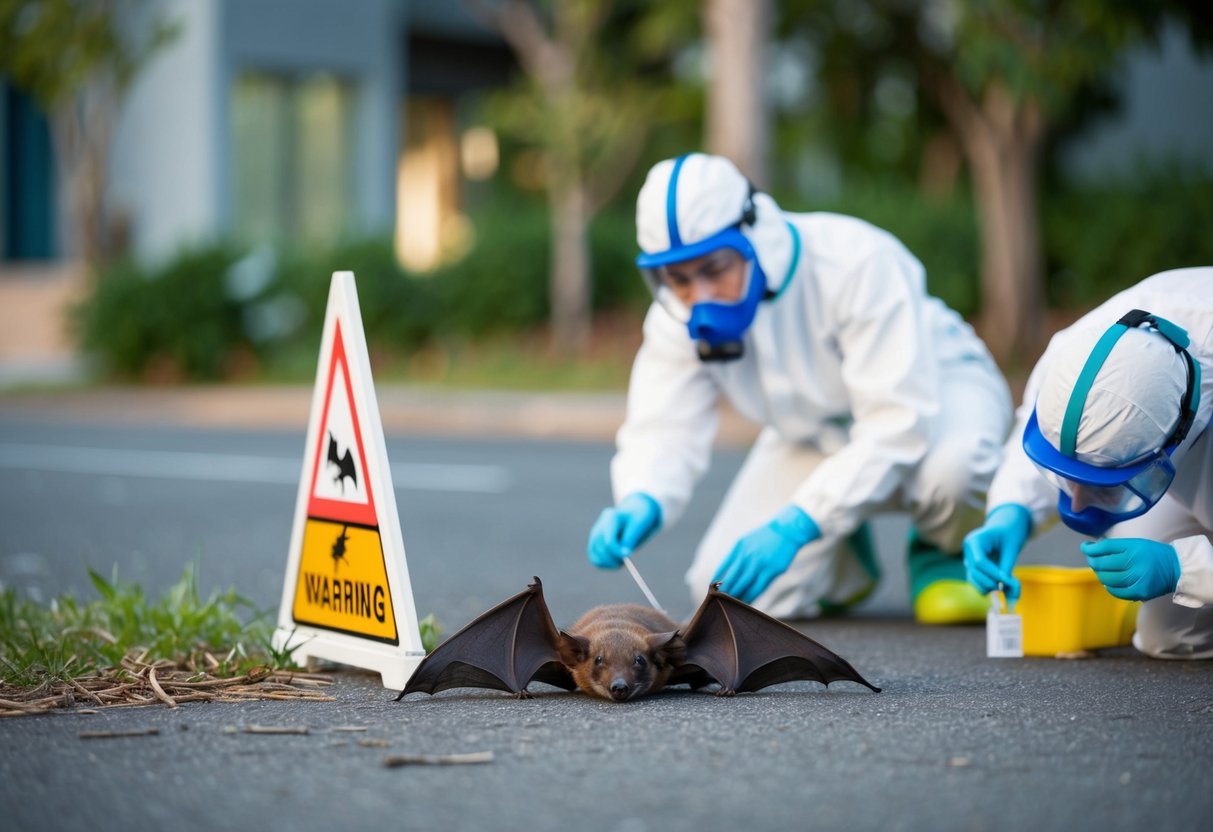 A dead bat lies on the ground with a warning sign nearby. Scientists in protective gear examine the bat for health risks