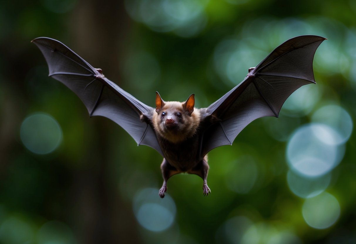 A bat flying through a dark forest, using echolocation to navigate and hunt for insects
