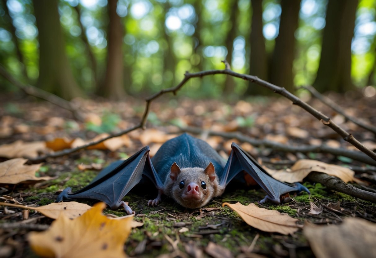 A dead bat lies on the ground, surrounded by fallen leaves and twigs. The scene is set in a wooded area, with dappled sunlight filtering through the trees