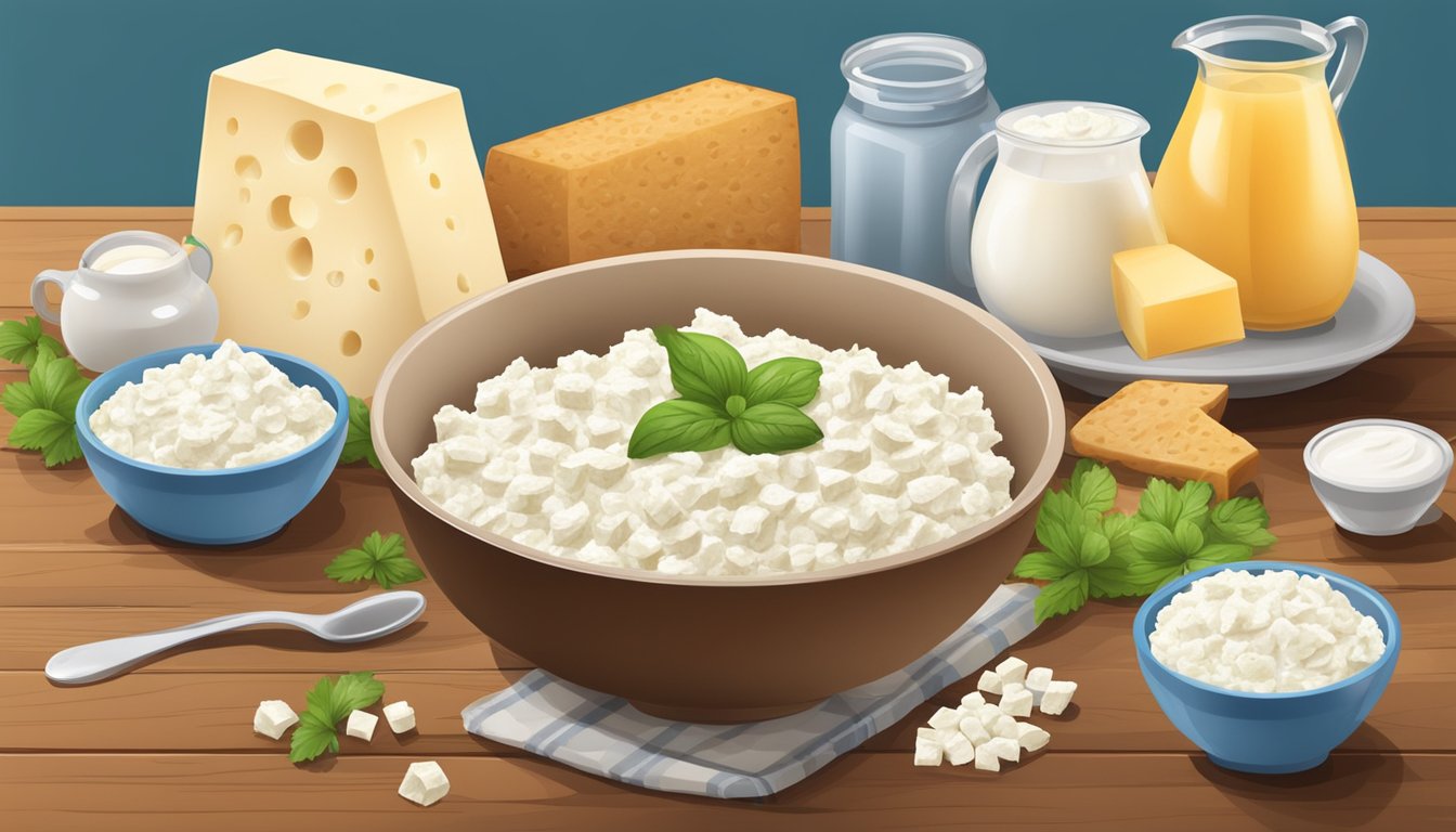 A bowl of cottage cheese surrounded by various dairy products on a wooden table