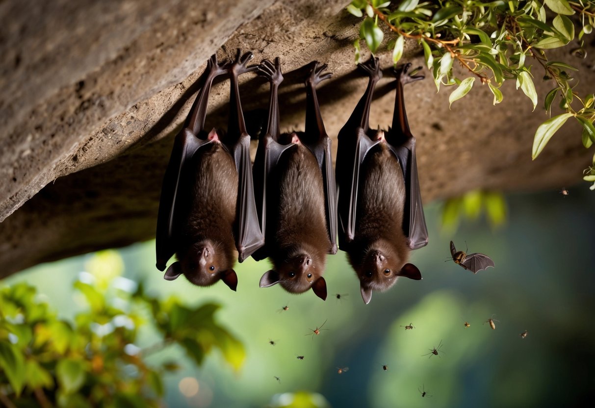 Bats in a cave, hanging upside down, surrounded by foliage and insects