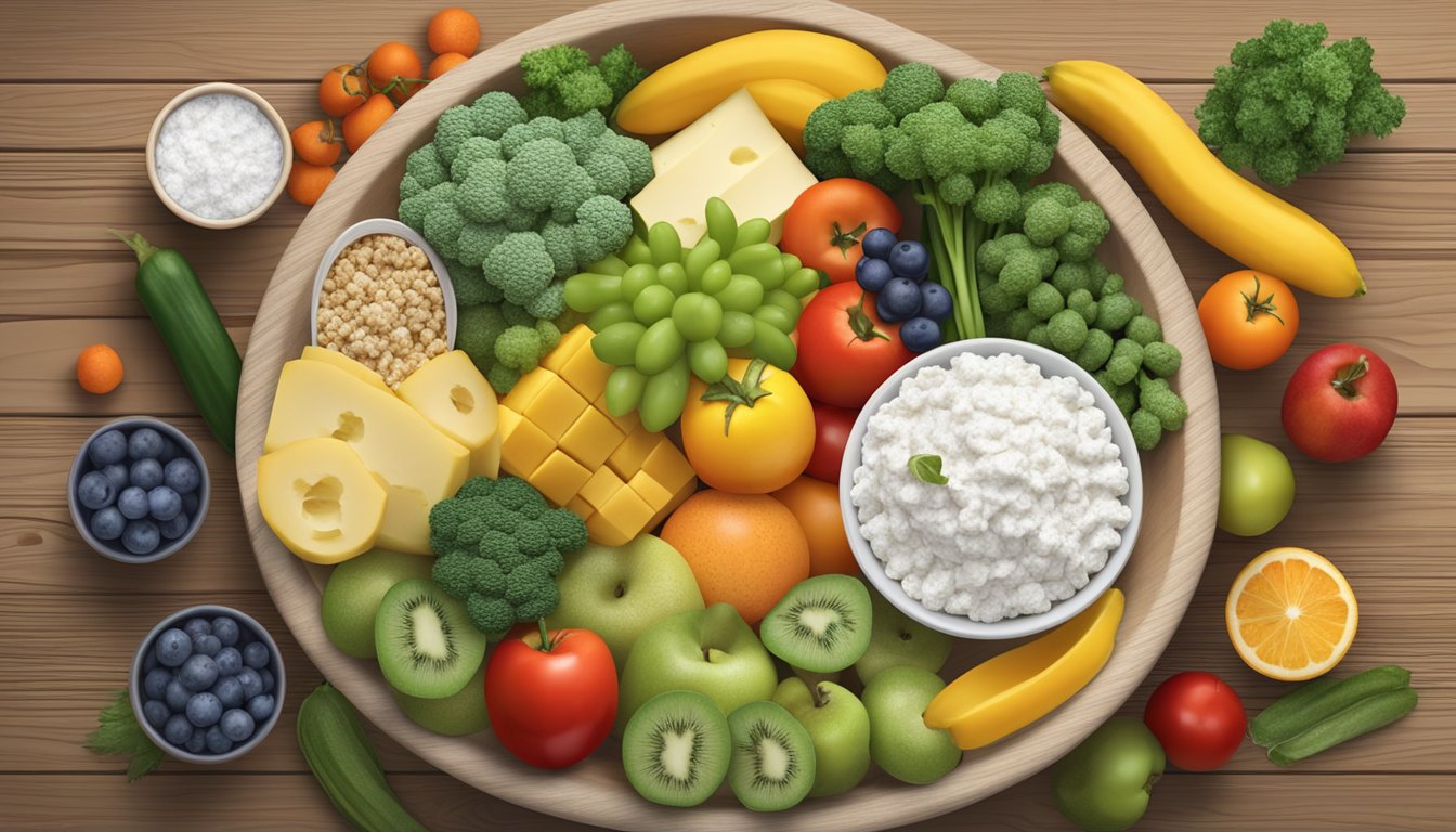 A bowl of cottage cheese surrounded by various low-glycemic index fruits and vegetables on a wooden table