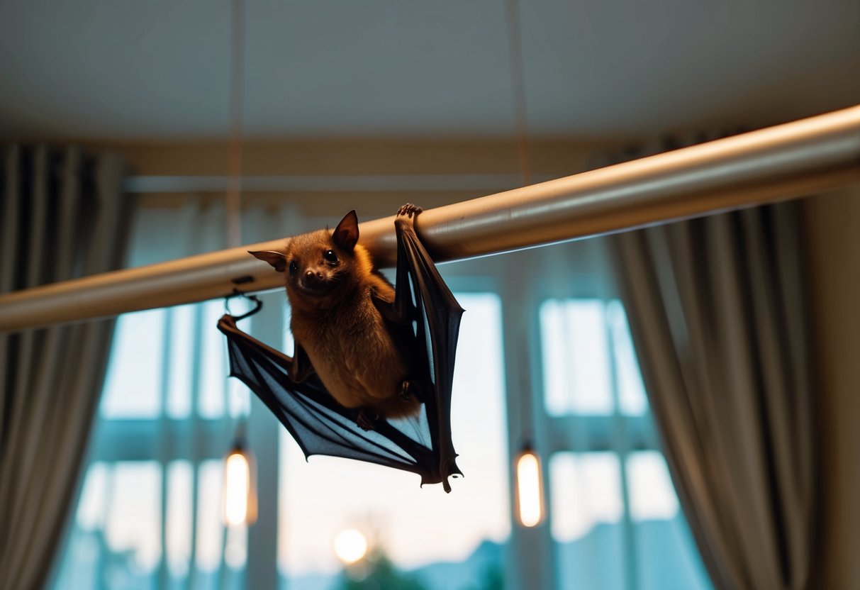 A bat perched on a curtain rod inside a dimly lit living room